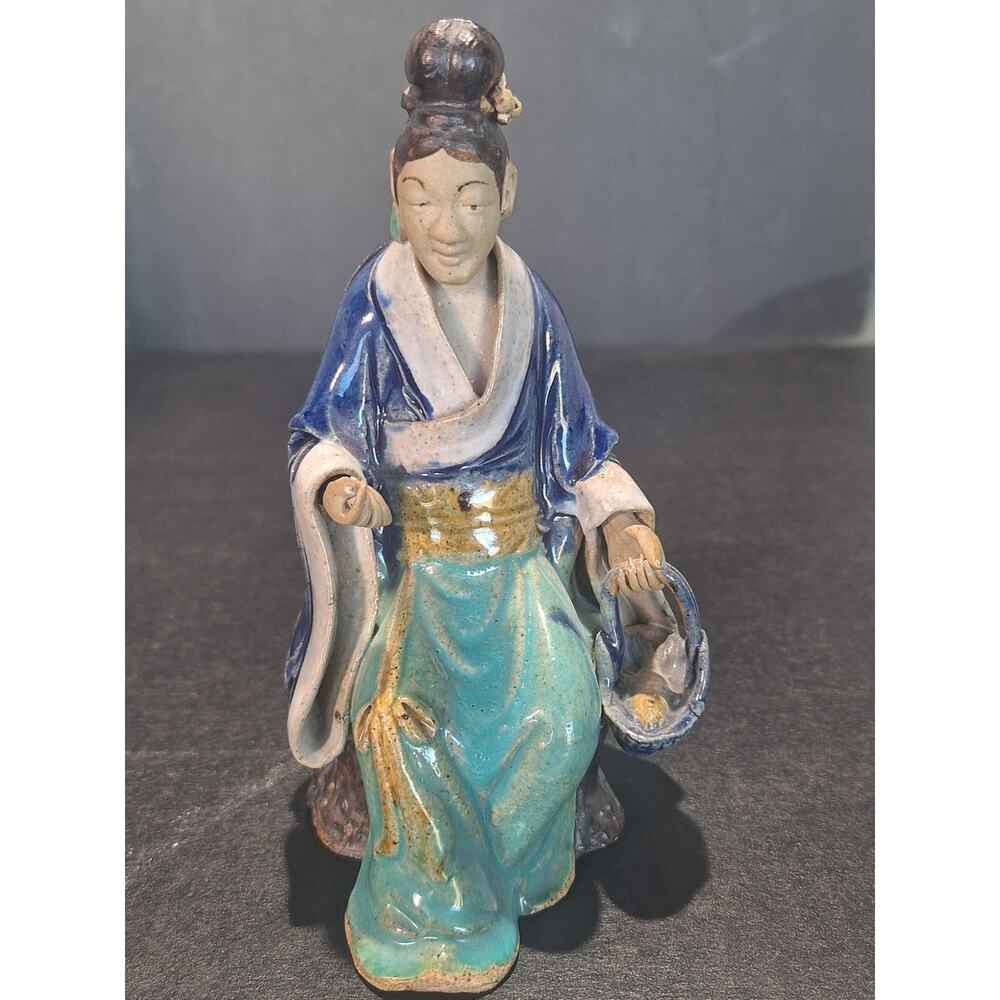 Antique Chinese Shiwan Mudwoman Pottery Figurine Blue Turquoise Glaze Basket